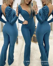

Sexy Open Back Jumpsuit Women Autumn 2021 New Fashion Pure Color Pleated V-neck Commuter Long-sleeved Jumpsuit