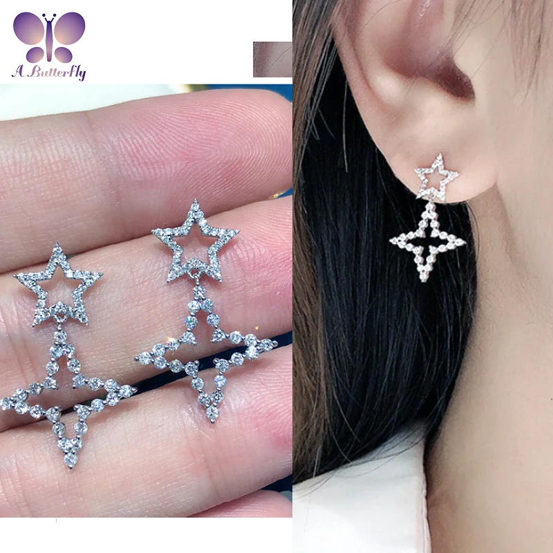 

100%18K White Gold Natural Diamond Earrings Fashion Five-Pointed Star Handmade Inlaid Exquisite Workmanship Very Shiny