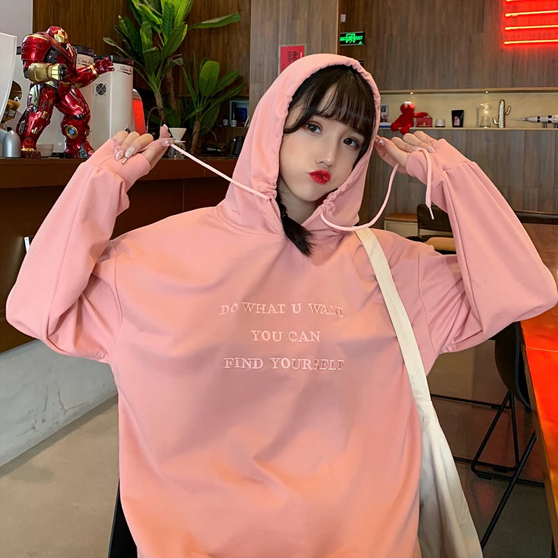 Женские толстовки Harajuku Ulzzang Kawaii, мягкие свободные, большие размеры, новые корейские студенческие тонкие женские толстовки с вышитыми буквами