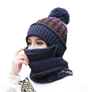 

Winter Outdoor Beanie Hat Scarf Face Mask Set Thick Patchwork Detachable Knitted Cap Neck Warmer Headwear