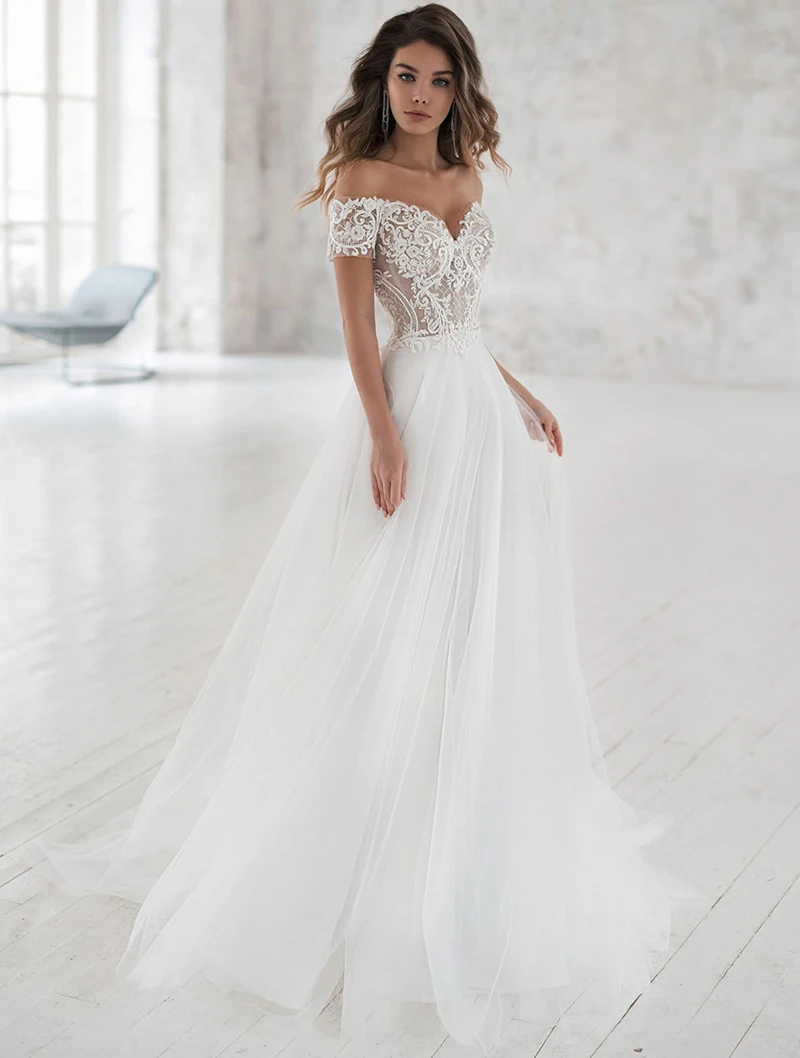 H1164e34e46b8400dbd5ed9d475deb063G Boho Beach Wedding Dress Off The Shoulder V-Neck Appliqued Bride Dresses A Line Elegant Lace Wedding Bridal Gowns Bohemian Mallzona