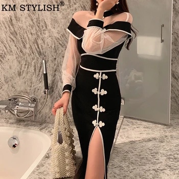 

Women's Cheongsam Sexy Party Dress Black Autumn New Chinese Style Elegant Retro Disc Buckle Split bag hips Slim Vestidos Female