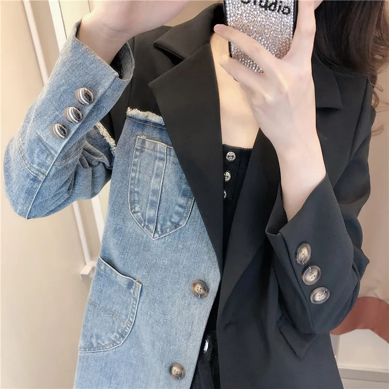 Fashion Denim Stitching Short Blazer Jackets Women Clothing 2023 New Spring Autumn Korean Jeans Coats Suit Jackets Tops g506