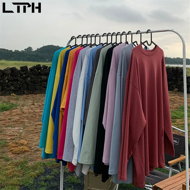 

LTPH 2020Autumn Winter Fashion new arrival Solid color bottoming t shirt Loose long simple All-match BF lazy style woman tshirts