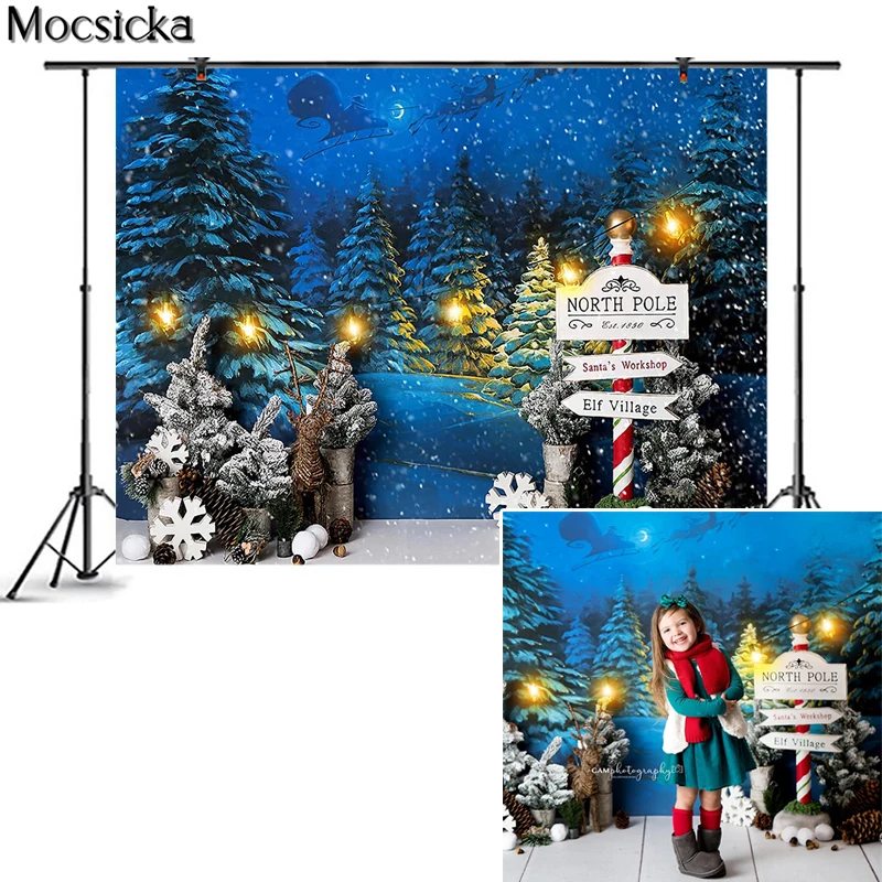 Mocsicka Рождественский фон для фотосъемки Снежная сцена Северный полюс улица знак