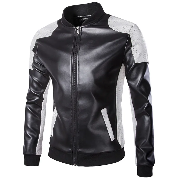 Men's Leather Jackets Men Coats 5XL Brand High Quality PU Outerwear Men Black and white Patchwor Coat Male Stand Collar Jacket