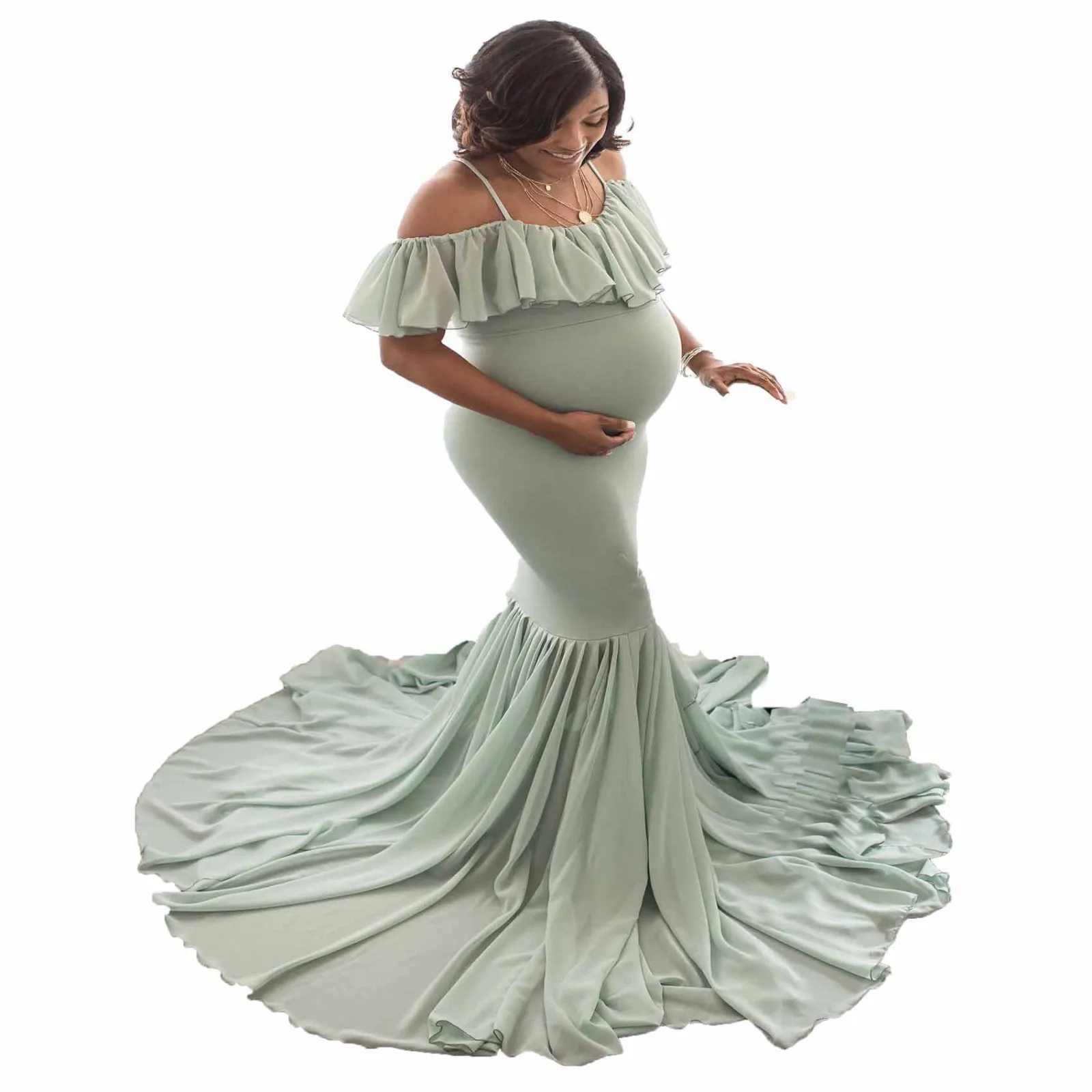 Women Pregnants Sexy Off the Shoulder Photography Props Solid Short Sleeve Maternity Solid Lace Long Mermaid Dress