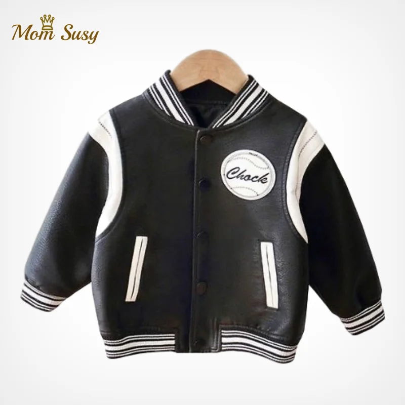 Fashion Baby Boy PU Leather Baseball Jacket Spring Autumn Toddler Kids Thick Faux Leather Coat Sport Outwear Clothes 1-7Y