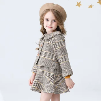 

2019 Autumn Children Sets Brand Thanksgiving Christmas Outfit Plaid Toddler Girl Woolen Skirt Suit Kids Winter Clothes CLS307