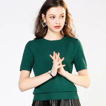 

2020 Round Neck Short-Sleeved Knit Spring And Summer New Loose Shirt Women's Suit Large Size Bottoming Shirt Low Collar