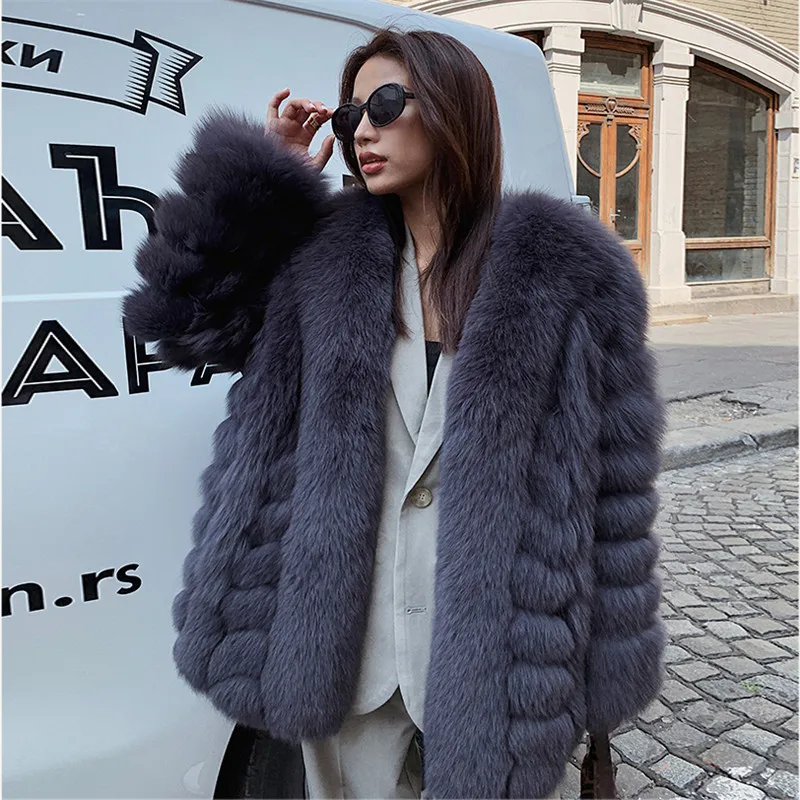 

New Real Fox Fur Coat Sexy Women's Jackets High Quality Splicing V-neck Outerwear Winter Warm Genuine Leather Winter Clothes