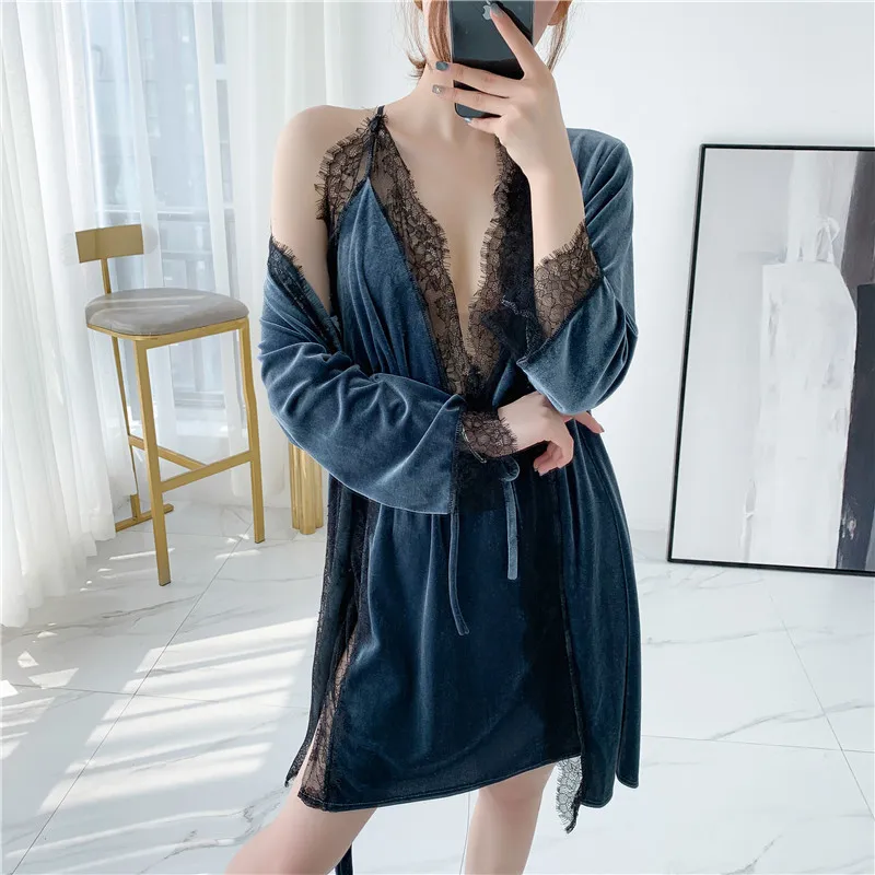 Winter New 2 Pcs Gold Velvet Robe Set Keep Warm Thicken Woman Spaghetti Strap Robe Twinset Bathrobe