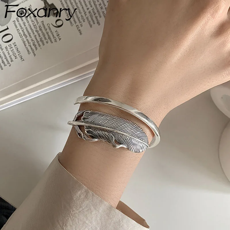 Bangle Bracelet Foxanry Stamp Bracelet for Women Summer Trendy Creative Vintage Feather Adjustable Jewelry Party Gifts