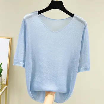 

2020 Summer New Style V-neck Knitted Female Viscose Short Sleeve T-shirt