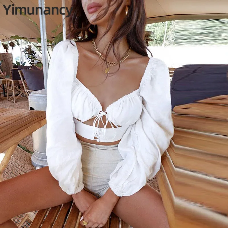 

Yimunancy 2019 Autumn Long Sleeve Crop Top Women Fashion V Neck Blouse Ladies Lace Up White/Black Blouse Blusas Streetwear