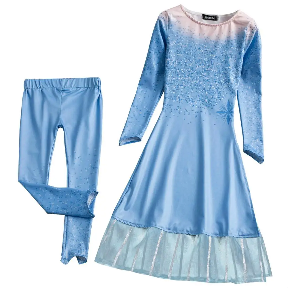 AmzBarley; Новинка; костюм Снежной Королевы 2; костюм Эльзы; платье принцессы Эльзы с леггинсами для маленьких девочек; маскарадный костюм на Хэллоуин; комплект одежды - Цвет: Dress and Leggings