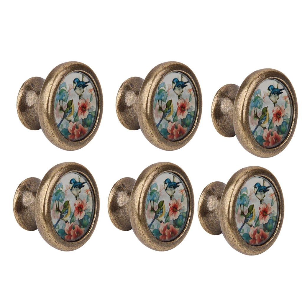 6 X Cabinet Door Drawer Bin Handle Pull Knob Hardware -Bird And Flowers