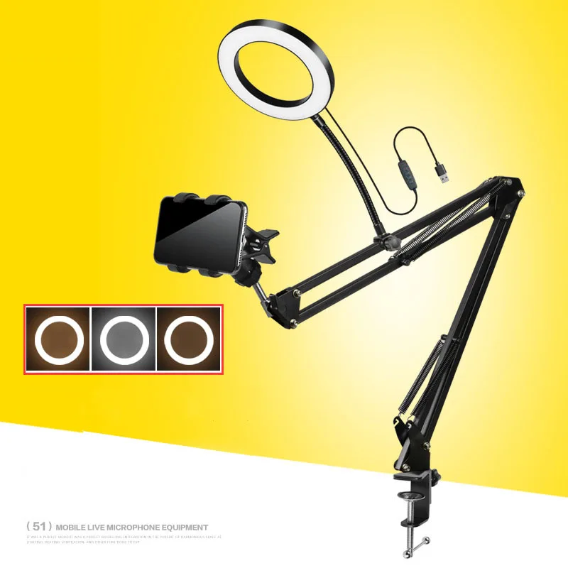 

16CM desk Live Stream Makeup LED Ring Light With Long Arms smartphone clip for Youtube Makeup Selfie tablet pad Phone Holder