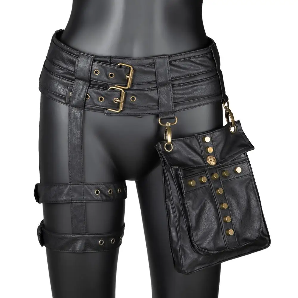 

Black Lace Up & Buckle PU Leather Outdoor Punk Rock Waist Pack Vintage Military Motorcycle Thigh Bag Gothic Bags For Women 2019