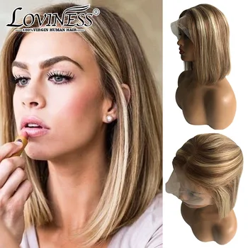 

Highlight Wig 13*6 Virgin Brown Blonde Balayage Short Bob Wig Ombre Remy Brazilian Baby Hair 360 Lace Frontal For Black Women