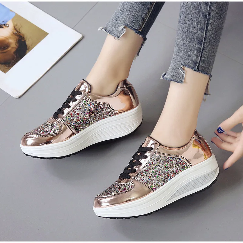 Women's Bling Lace Up Flat Platform Vulcanize Shoes Woman Mix Color Sneakers Female Causal Mirror Rocking Shoes Ladies Fashion