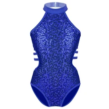 TiaoBug Kids Girls Dancewear Sleeveless Sparkly Sequins Cutouts Back Strappy Waist Ballet Dance Gymnastics Leotard Jumpsuit