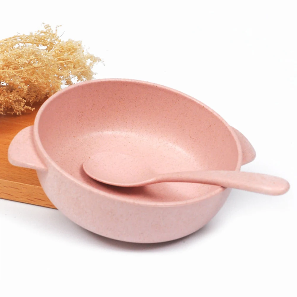 2 Pcs/Set Baby Feeding Food Tableware Wheat Kid Dishes Eco-Friendly Children Training Dinnerware Plate Bowl Spoon