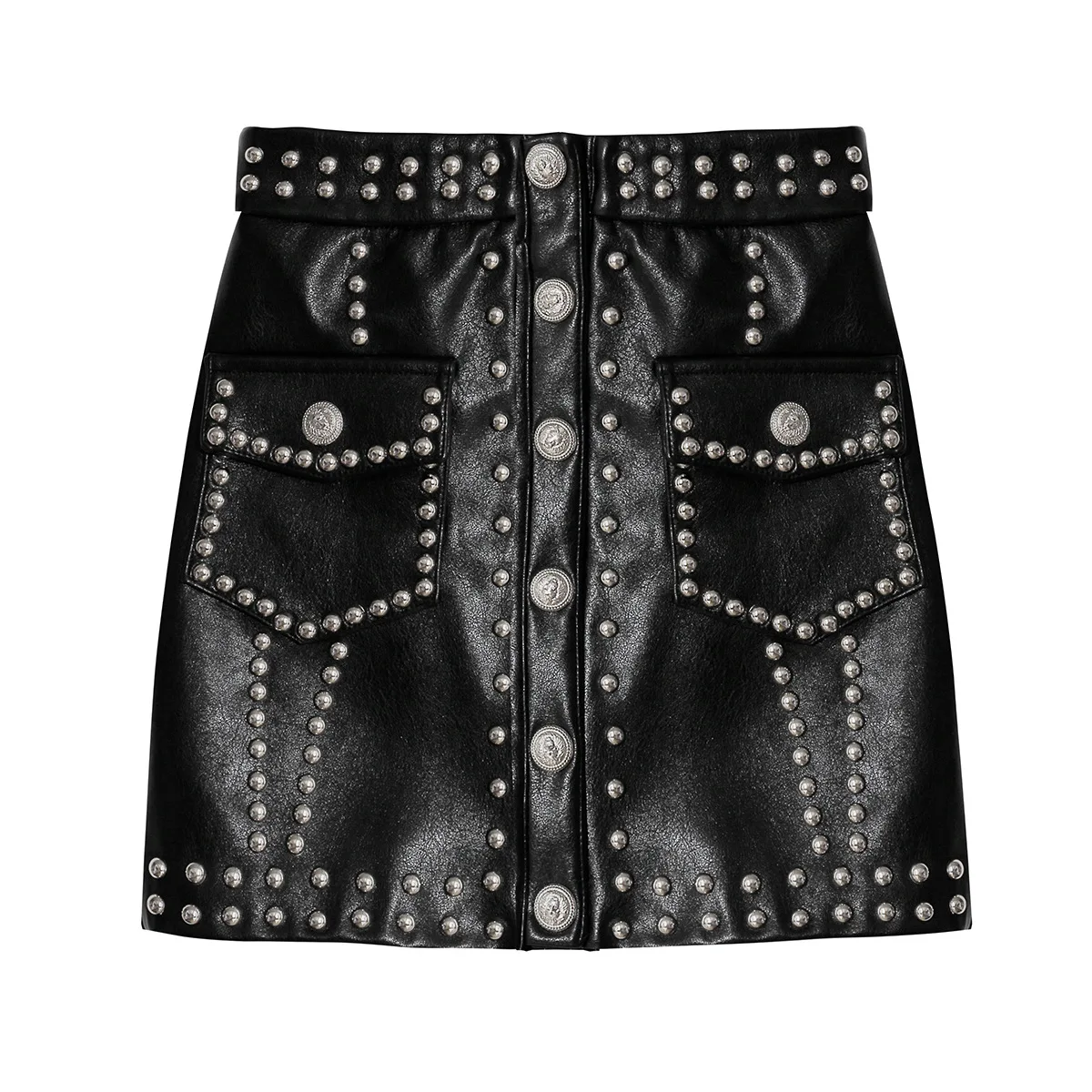 

OUSHANG Heavy Rivets PU Leather Skirts High Waist Single Breasted Mini Skirt For Women Punk Style 2020 Spring Fashion