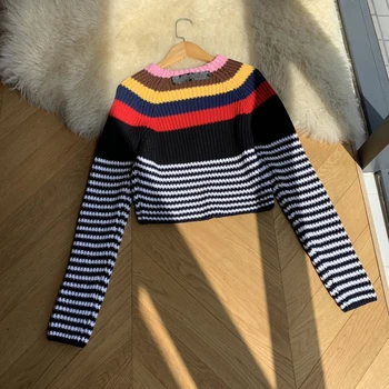 

2020 Autumn New Fashion Patchwork Striped Short Casual Pullover Sweater Women