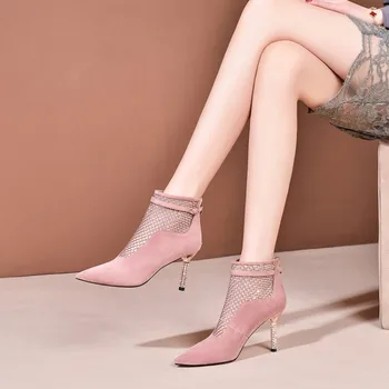 

2020 Spring And Summer New Suede Leather Shoes Women's Pointed Toe Stilettos Sexy Hollow Mesh Boots Crystal Sandal Boots LA0019