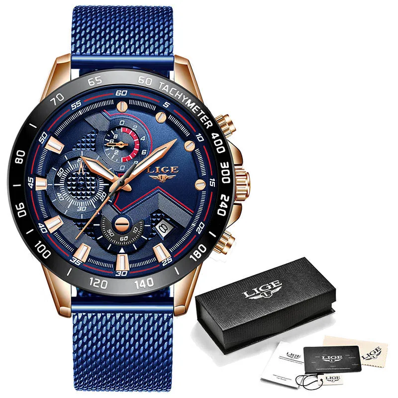 LIGE новые модные мужские часы с нержавеющей стали топ бренд класса люкс Спортивный Хронограф Кварцевые часы мужские Relogio Masculino - Цвет: Rose gold  blue