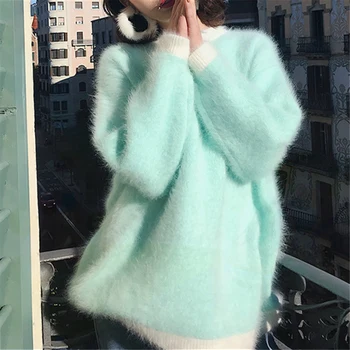 

Qooth Synthetic Mink Cashmere Sweater Women Autumn Winter Contrast Color Fluffy Warm Pullover Sweaters Knitted Jumper qh2249
