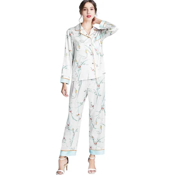 

Pajama women's spring and summer thin fashion printing long sleeve leisure white green home clothes elegant suit pajama