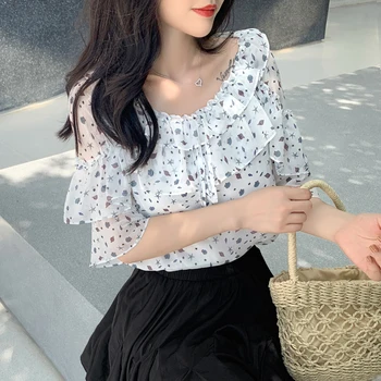 

COIGARSAM Ruffles blouse women New Summer Print Short Sleeve Chiffon O-Neck blusas womens tops and blouses White 621