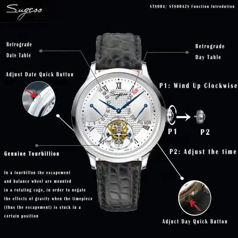 Sugess Tourbillon Function Movement Mechanical Men Watch Business