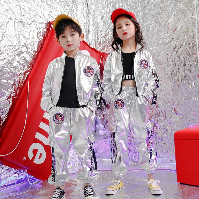 Новые детские костюмы для джазовых танцев в стиле хип-хоп из искусственной кожи серебристого цвета, куртка с длинными рукавами, пальто и