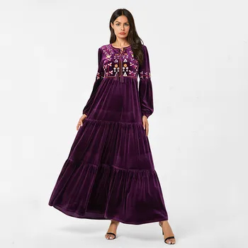 

Velvet Casual Swing Long Dress Purple Floral Embroidered Maxi Dresses Tassel Drawstring Puff Sleeve Clothes Muslim Robe Kaftan