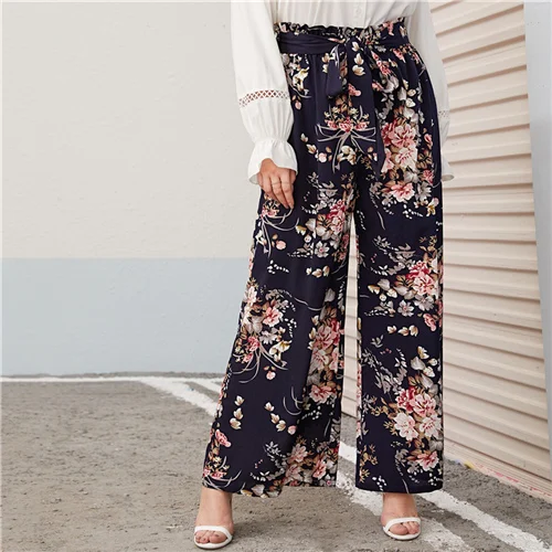 SHEIN плюс размер многоцветная бумажная сумка Талия цветочный принт широкие брюки для женщин осень весна Boho поясом длинные свободные брюки - Цвет: Многоцветный