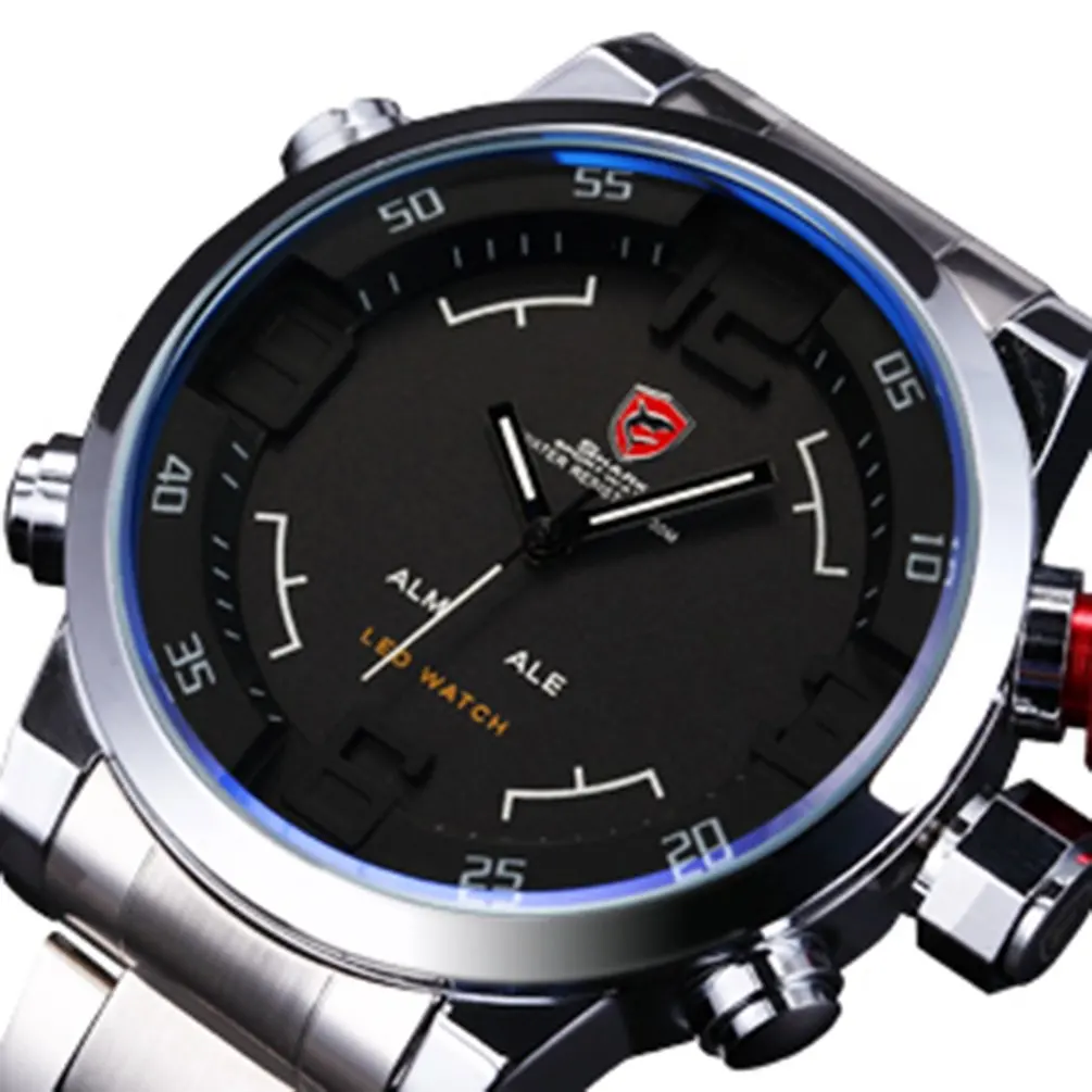 Брендовые мужские спортивные часы с изображением акулы, брендовые, Роскошные, полностью стальные, цифровые, с календарем, наручные часы, кварцевые, Relogio Masculino/SH103 - Цвет: Silver WT4146801