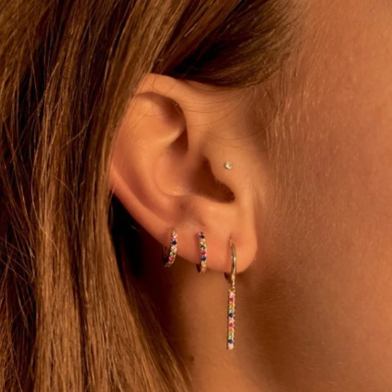 925 Sterling Silver Rainbow Line Drop Earrings Gold Filled Minimalist Tiny CZ Women Colorful Dainty Bar Earring Jewelry | Украшения и