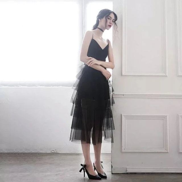 black mesh ruffle dress