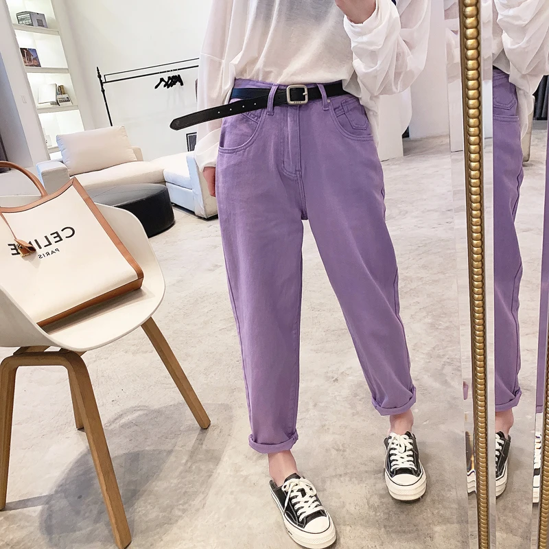 

2020 Summer Casual Women Denim Jeans Pants Ladies Belted High Waist Loose Female Harem Jeans Straight Trousers