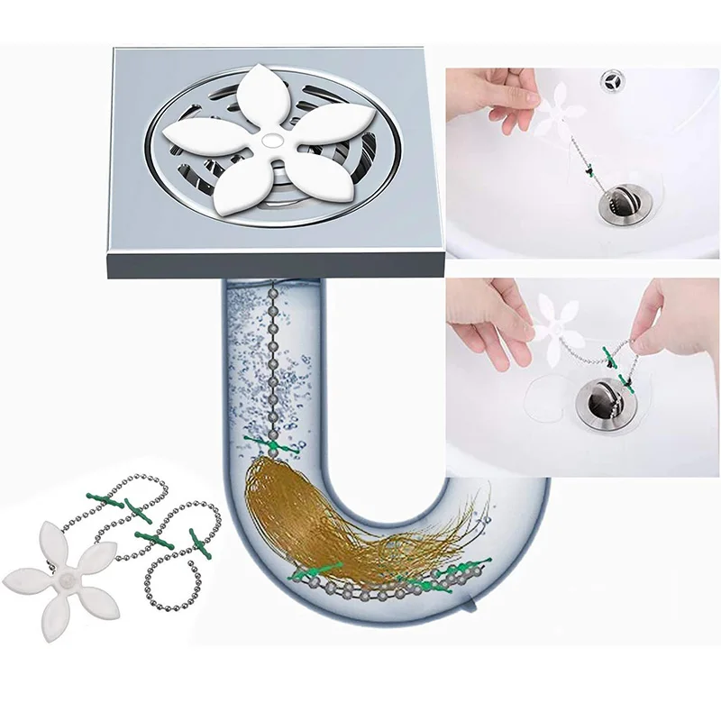 2Pcs Drain Hair Catcher Flower Shower Hair Cleaning Chain Bathroom Drain Strainer Catcher Chain Hook