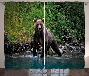 

Cabin Window Curtains Grizzly Brown Bear in Lake Alaska Untouched Forest Jungle Wildlife Image Living Room Bedroom Decor Curtain