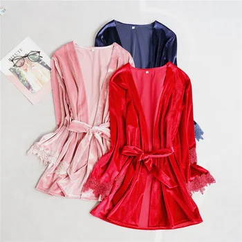 

Casual Velour Sexy 3PCS Sleep Set Female With Belt Lace Sleepwear Strap Shirt&pants Velvet Pajamas Suit Home Clothing Negligee