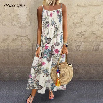 

MISSOMO 5XL Dress Women Vintage Bohemian Print Floral Sleeveless O-Neck Straps Long Maxi Dress Linen Loose Summer Dress vestidos