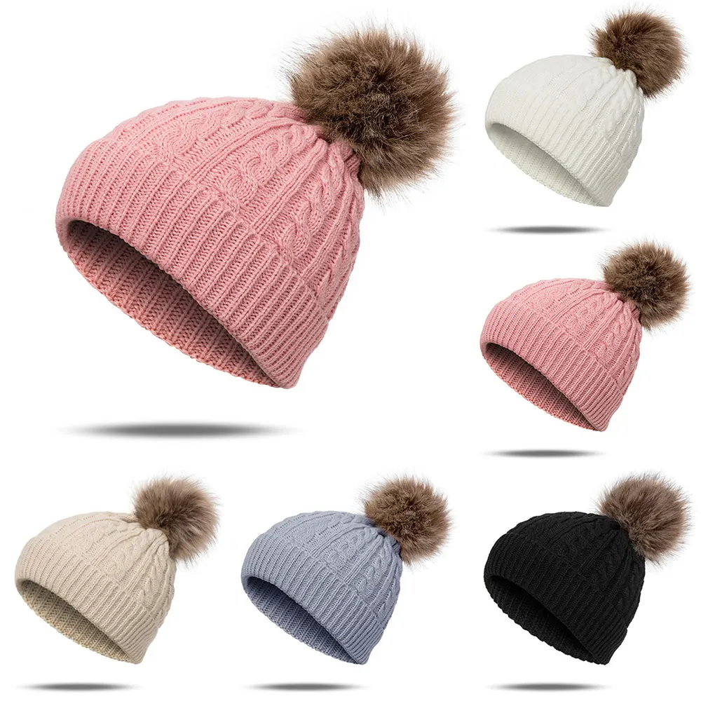 Повседневные зимние шапки для женщин теплые толстые Skullcap вязаные с помпоном