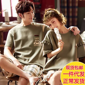 

Summer Couples Pajamas WOMEN'S Short Sleeved Pure Cotton Thin Shorts Men Cotton Tracksuit Summer-Outer Wear Two-Piece Set