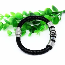 Модный черный плетеный кожаный веревочный браслет Мужская Обычная титановая сталь браслет