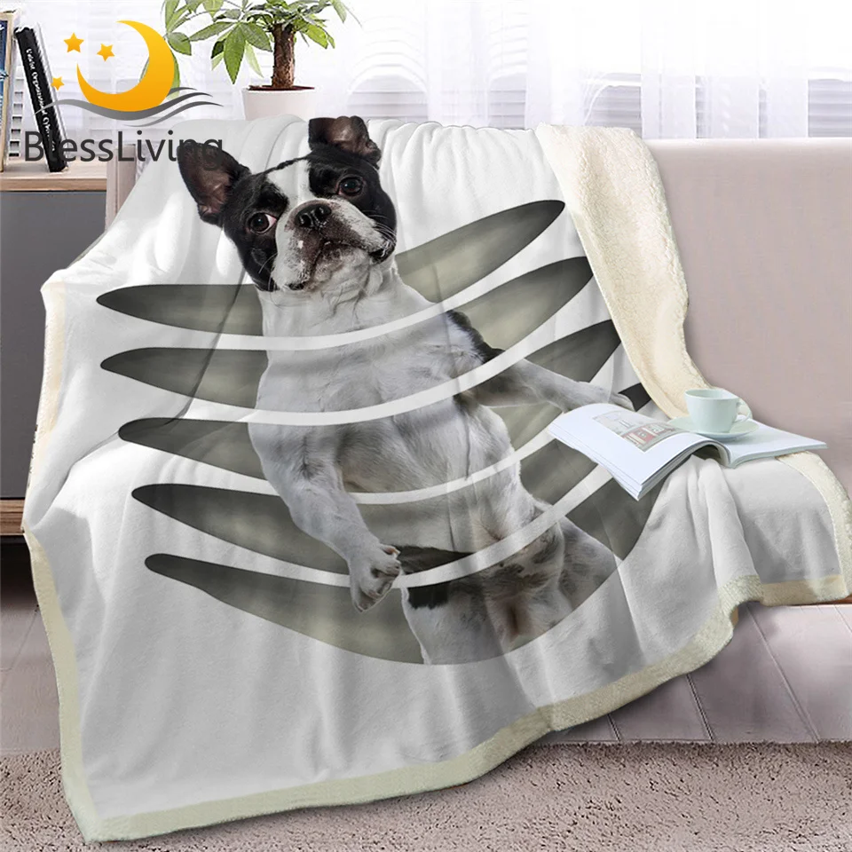 

BlessLiving Standing Dog Throw Blanket on Bed 3D Animal Plush Sherpa Blanket Pet Bulldog Bedspreads White Thin Quilt 150cmx200cm